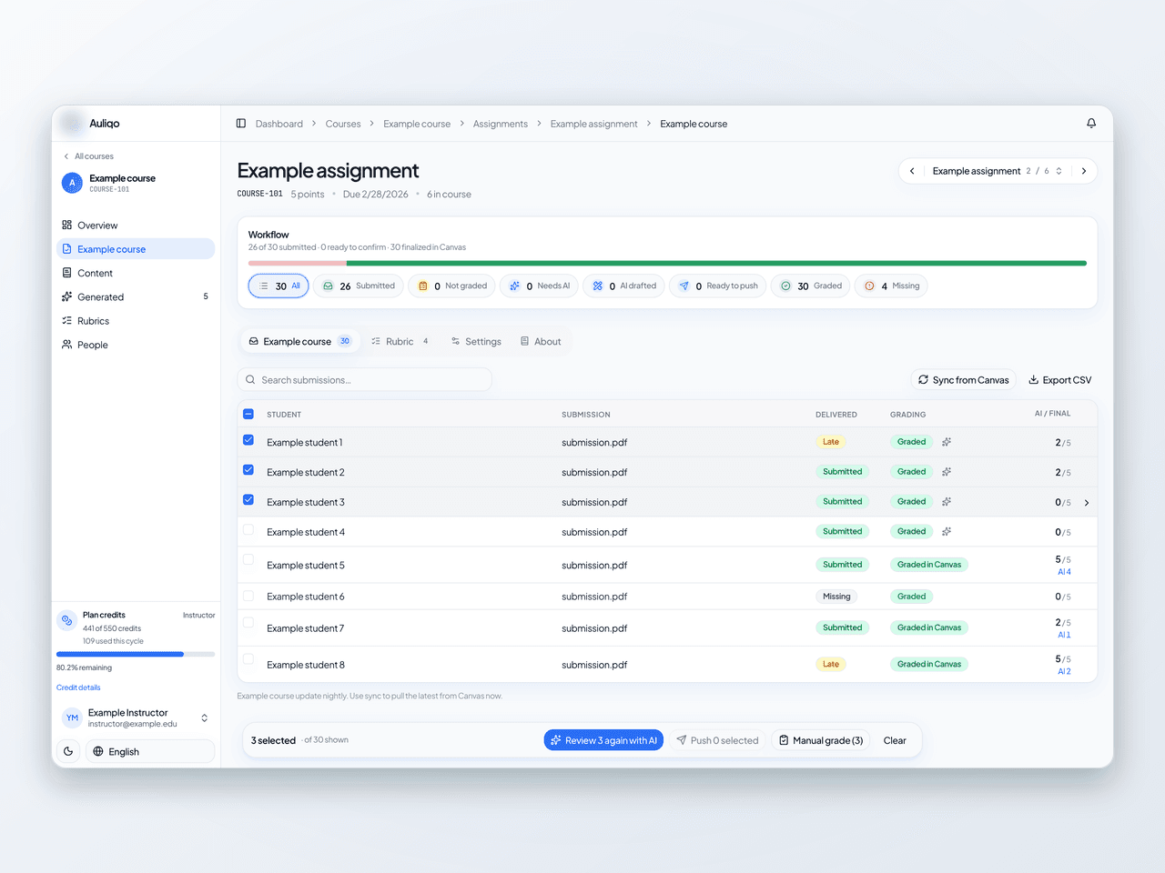 Bulk submission review with workflow funnel and action bar